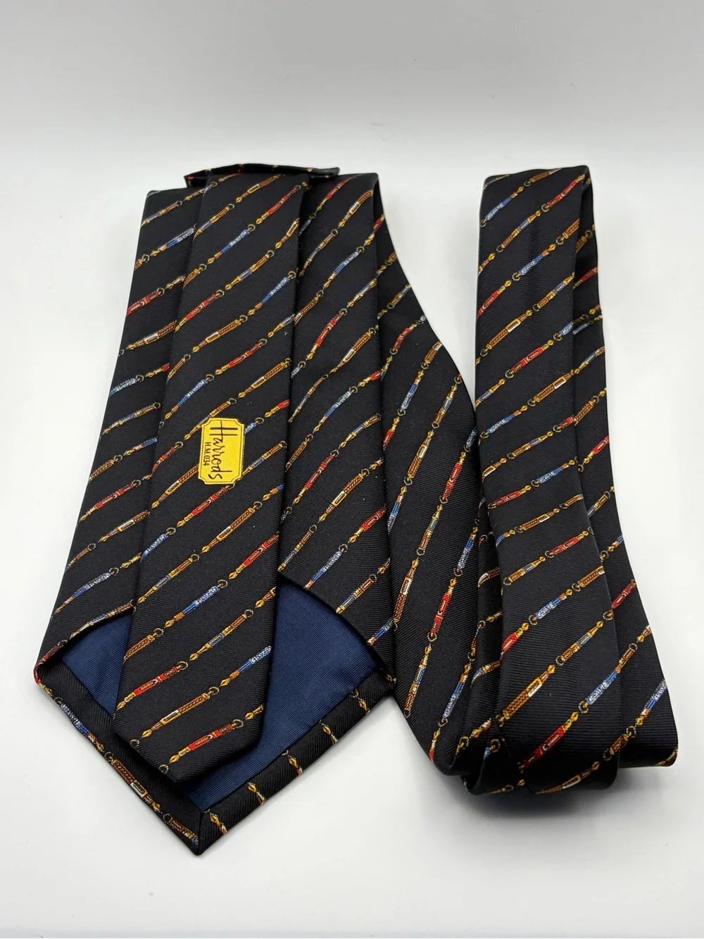Harrods London 100% Silk Tie Black Fountain Pen Novelty Print Made In England